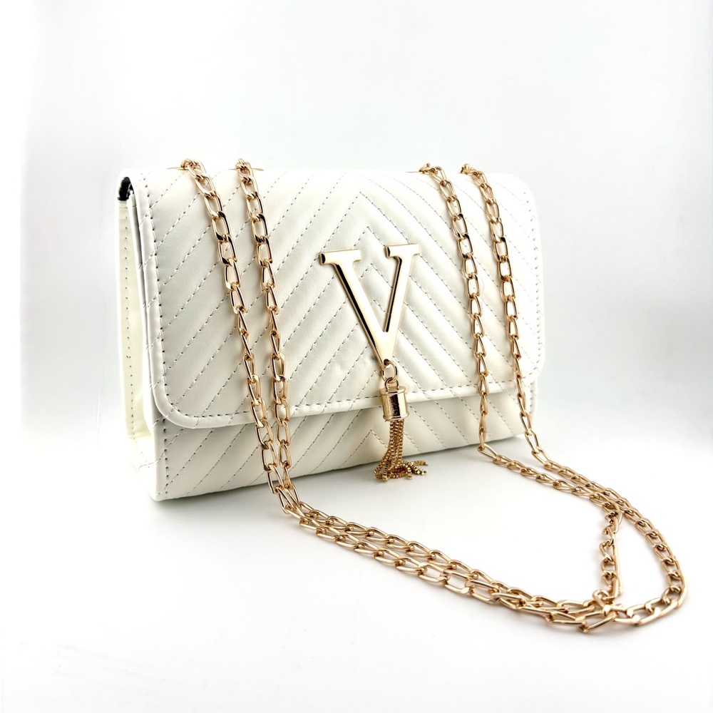 Luxurious White Quilted Chain Shoulder Bag with Gold V Accent - PU Leather NWOT